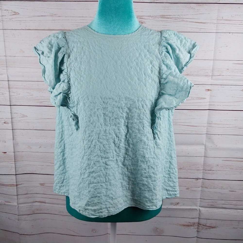 A New Day Women's Blue Ruffle Sleeve Crinkle Fabric Women's Size Large